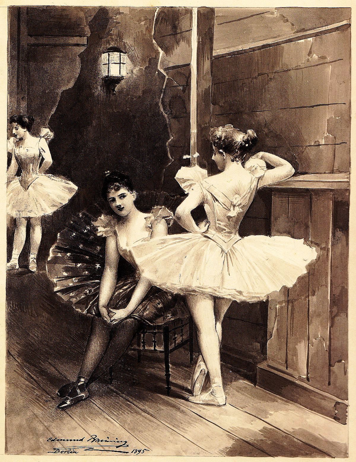 Edmund Brüning, Hinter den Kulissen / Ballett - Tänzerinnen, Tusche, signiert, 1895-image