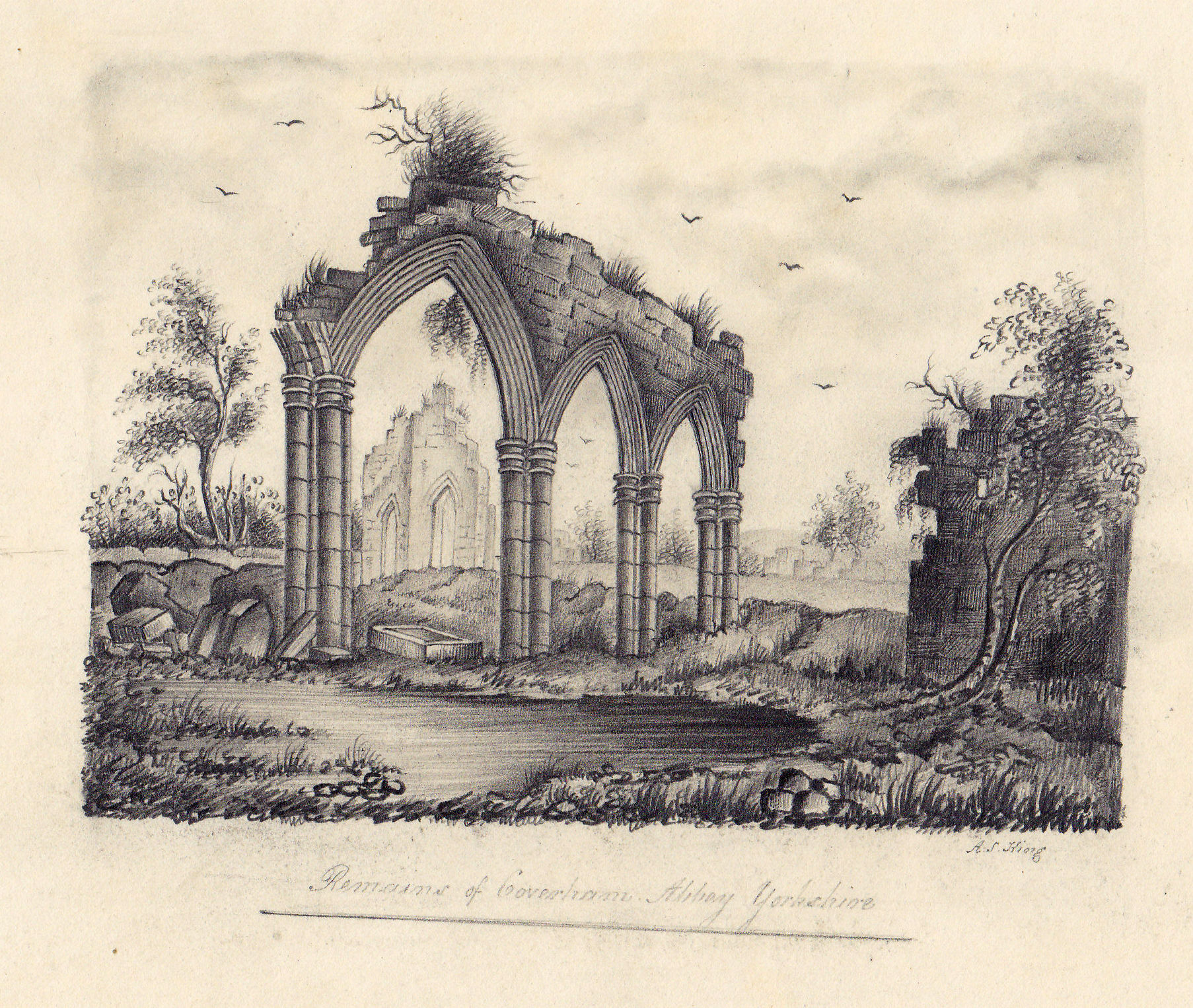 A. S. King, Remains of Coverham Abbey, Yorkshire, Bleistiftzeichnung um 1820-image