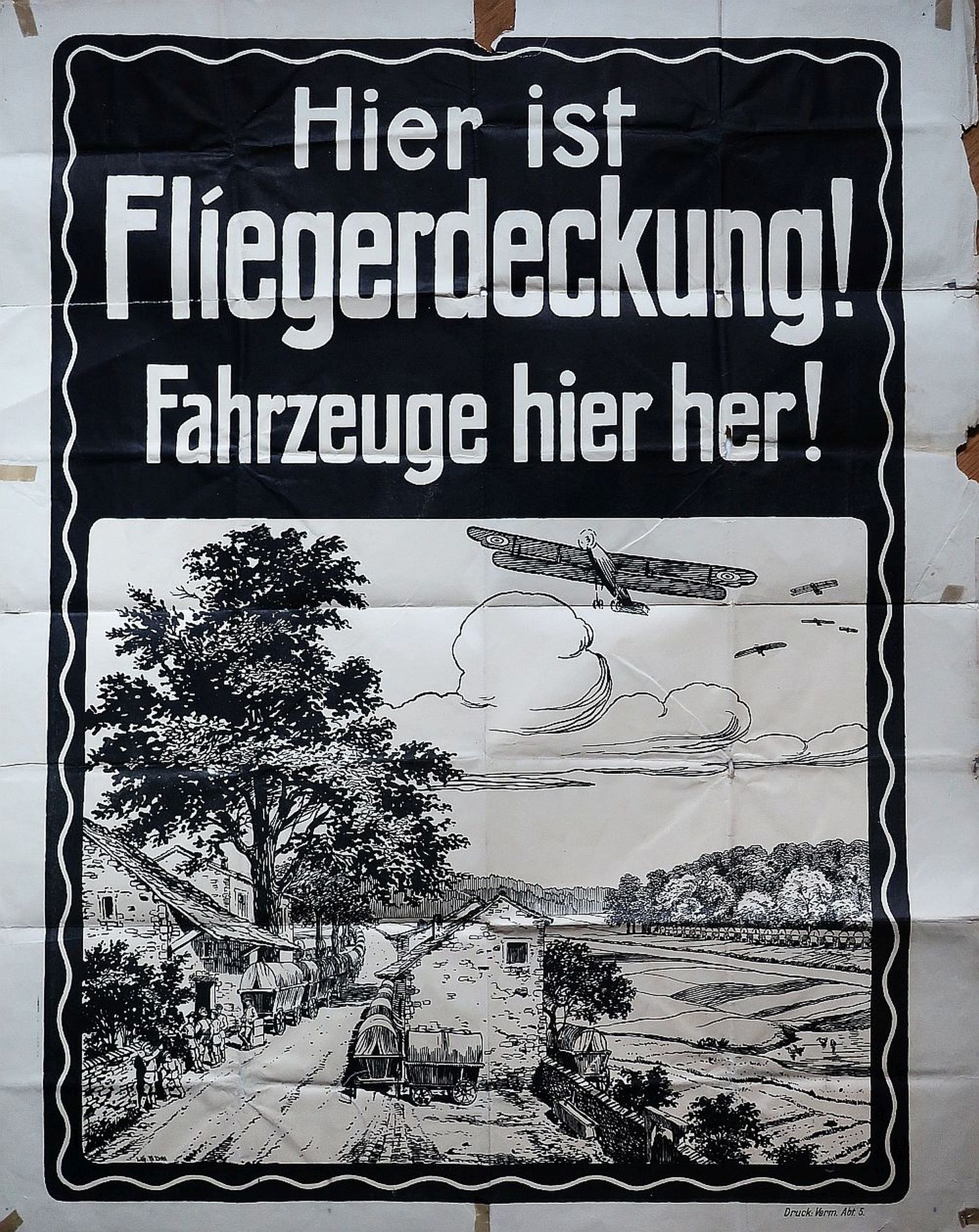 1. Weltkrieg: Hier ist Fliegerdeckung! Fahrzeuge hier her! Orig. Plakat, um 1916-image