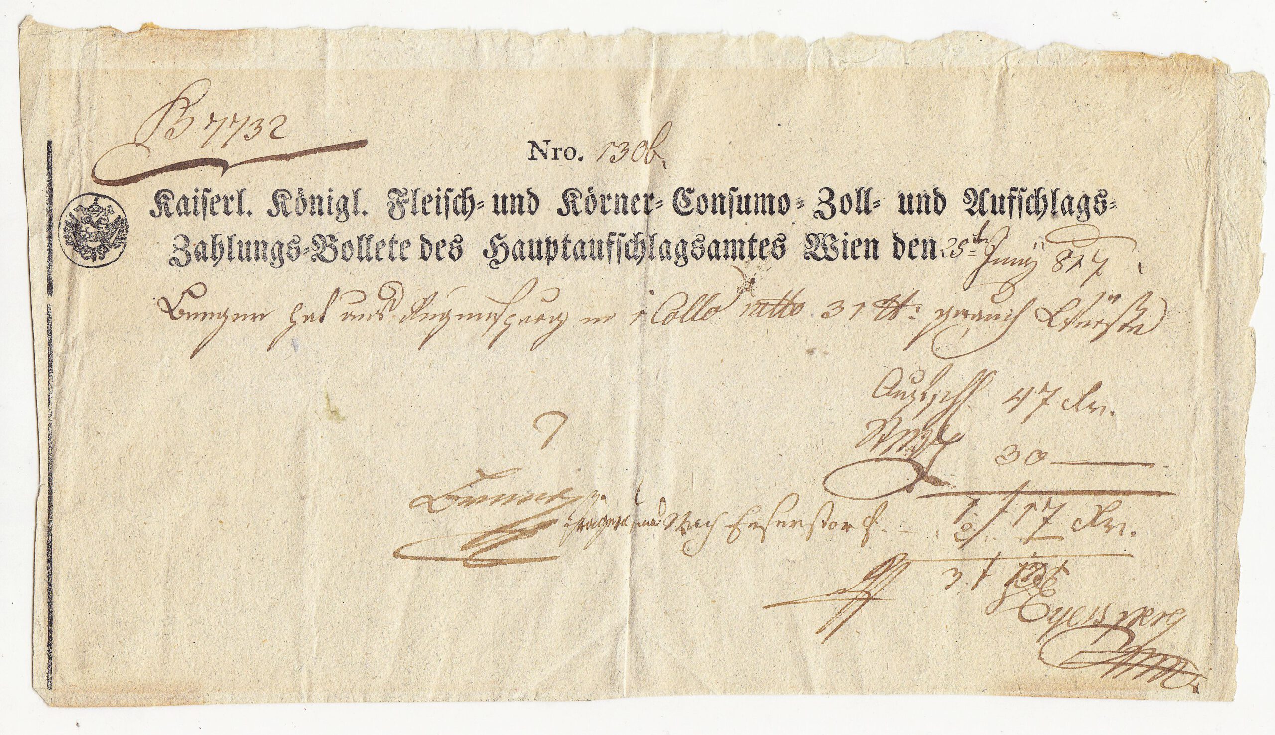 Altes Zoll-Dokument: Zahlungsbollete des Hauptaufschlagamtes Wien 1817-image