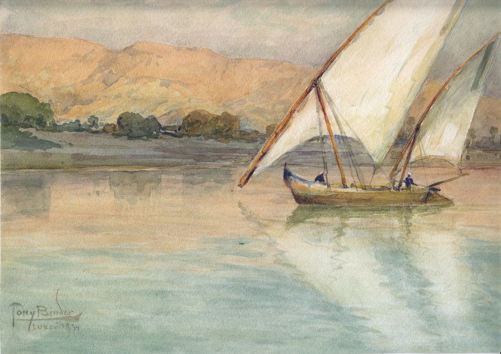 Tony Binder, Luxor (Nilbarke bei Luxor), Aquarell, signiert, datiert 1934-image