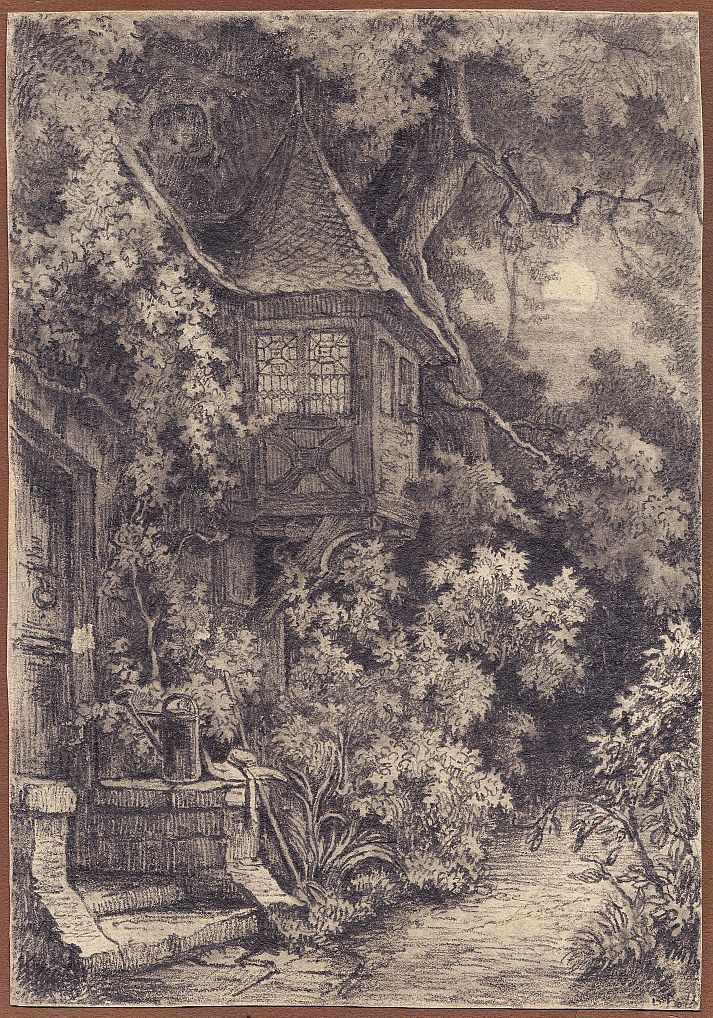 Ludwig Eduard Boll, Erker mit Garten bei Mondschein, Bleistift, um 1850-image