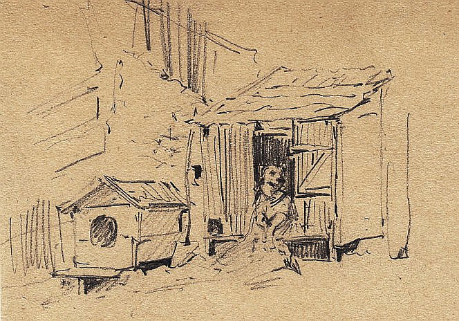 Josef Büche, Skizze, Hund in Hundehütte, Bleistiftzeichnung, gerahmt, um 1880-image