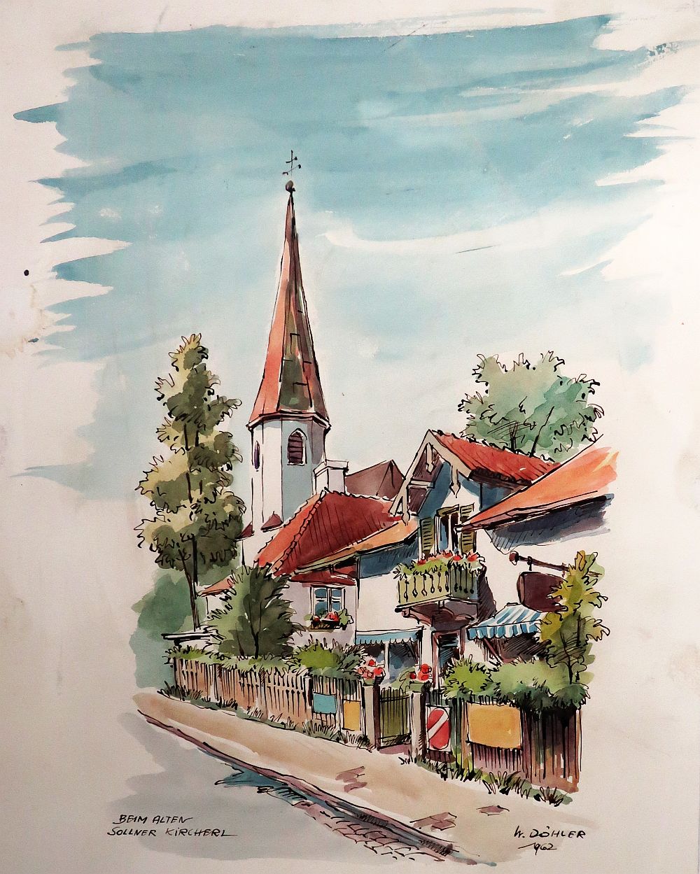 Willi Döhler, München / Beim alten Sollner Kircherl, Aquarell, signiert, 1962-image