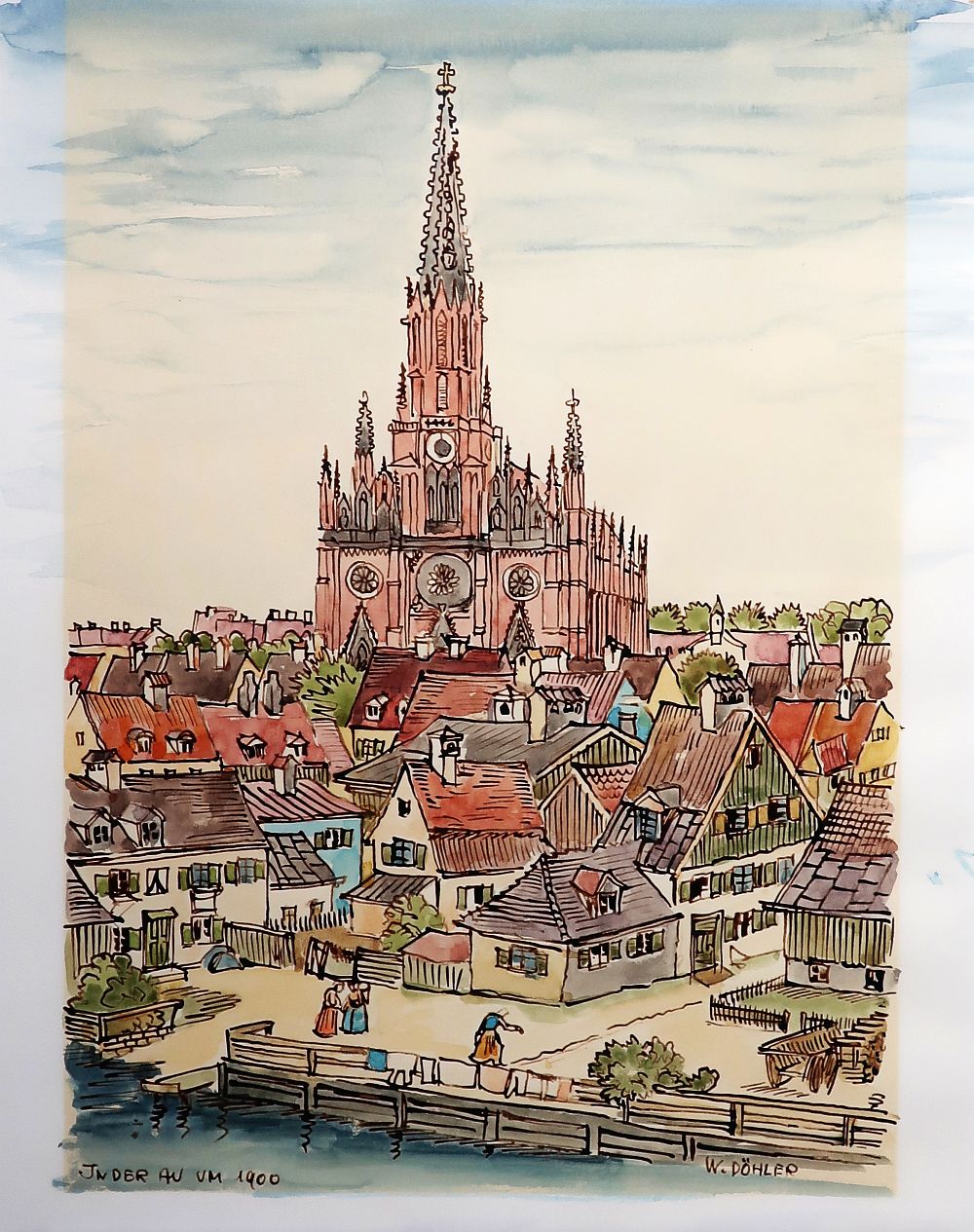 Willi Döhler, München / In der Au um 1900, Aquarell, signiert, bezeichnet, um 1950-image