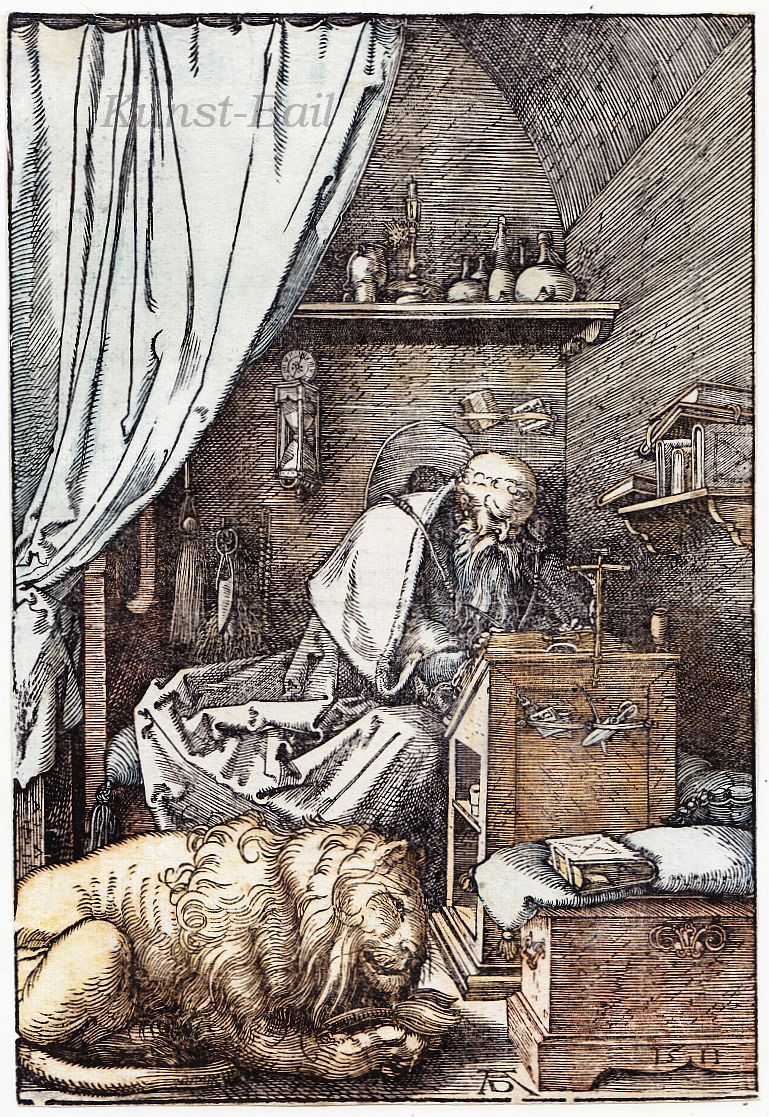 Albrecht Dürer, Der heilige Hieronymus in der Zelle, kolorierter (!) Holzschnitt, 1511-image