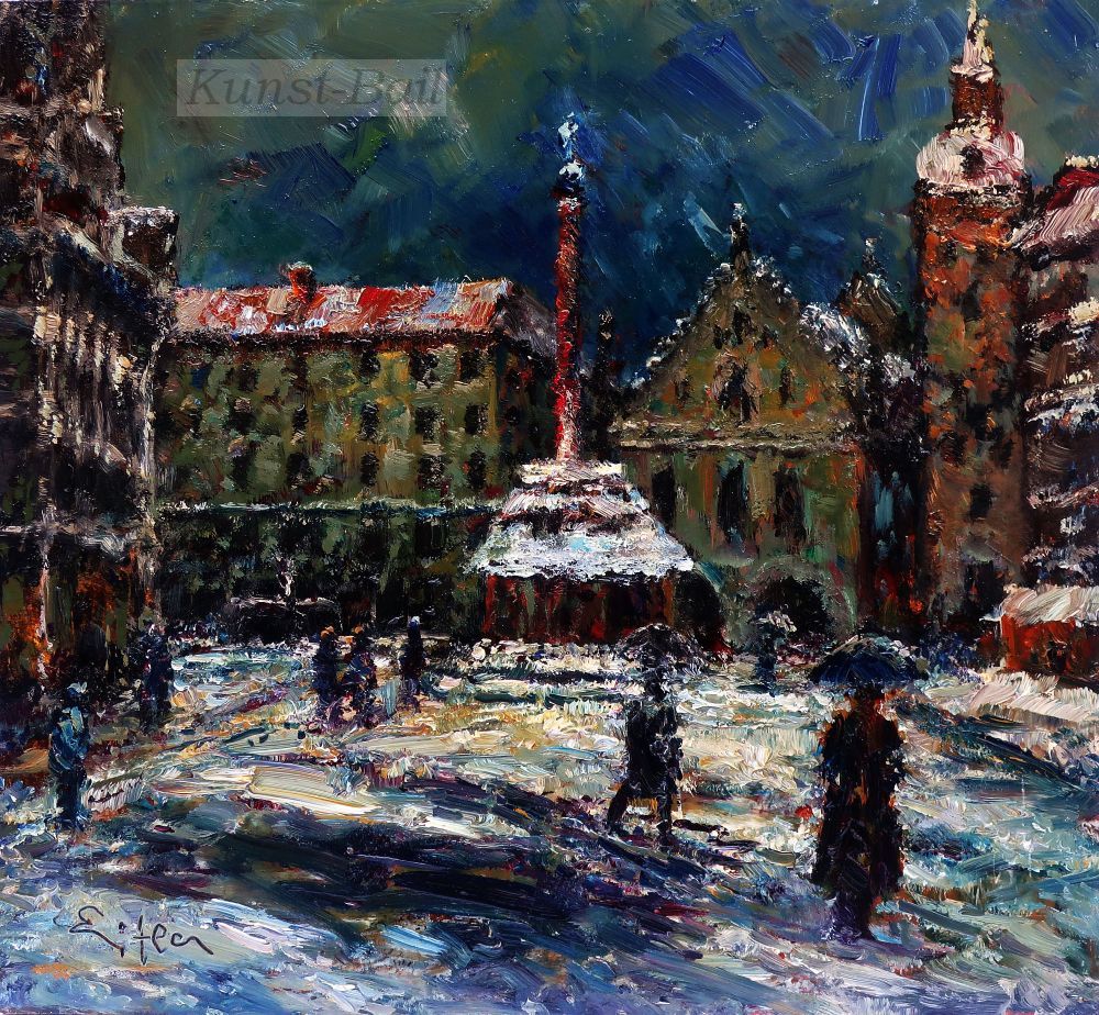 Artur Eitler, Schnee am Marienplatz in München, Öl auf Holz, signiert, um 1970/80-image