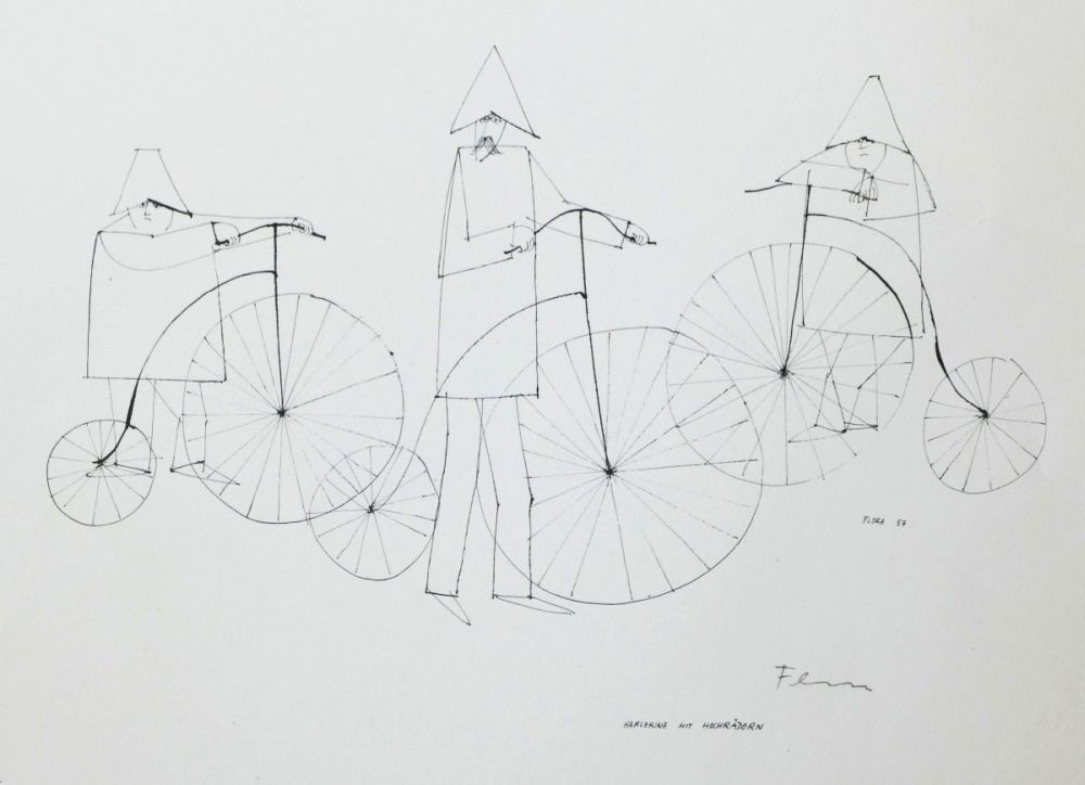 Paul Flora, Harlekine mit Hochrädern, Kunstdruck, 1957, mit Bleistift signiert-image
