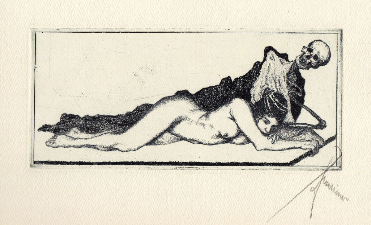 Hugo Hodiener, Memento Mori – Das Mädchen und der Tod, Radierung, signiert, um 1910