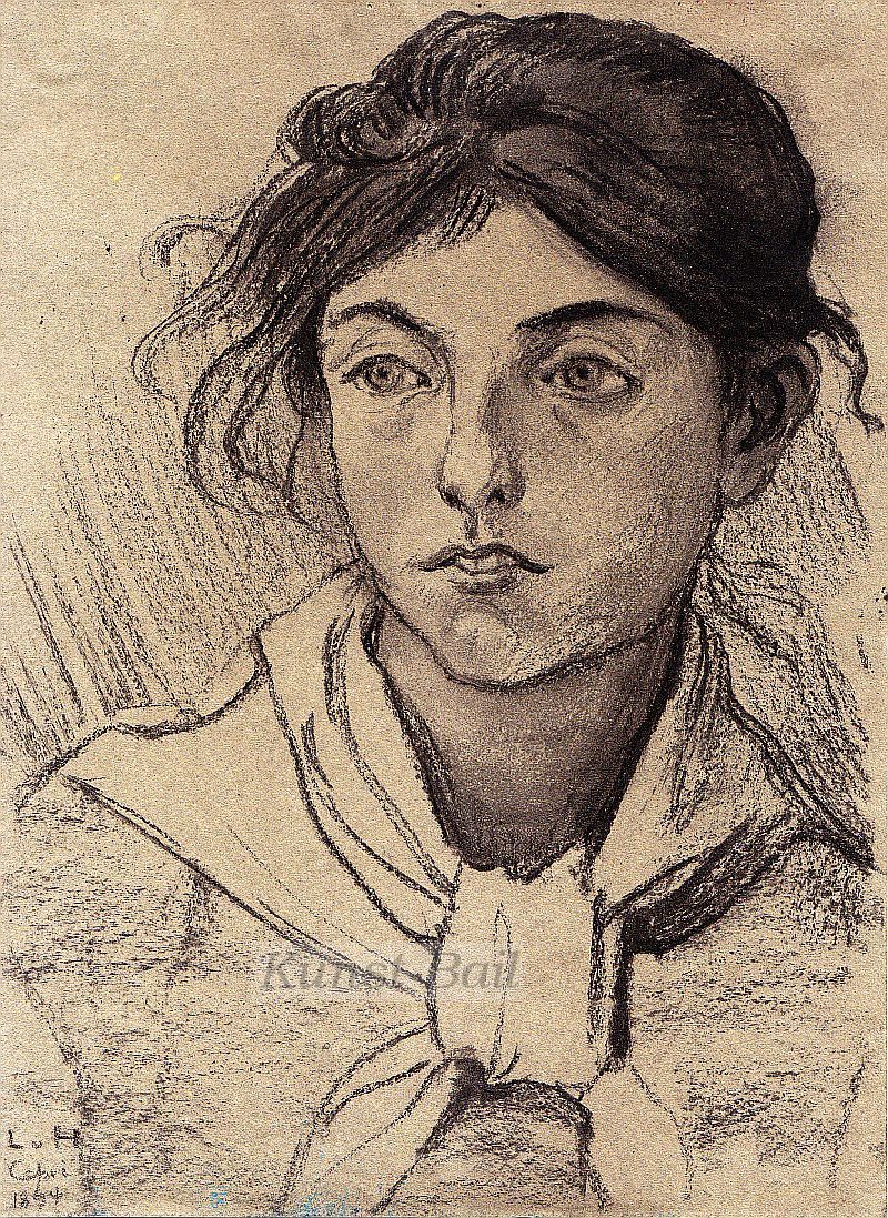 Ludwig von Hofmann, Portrait eines italienischen Mädchens, Kohle auf olivfarbigem Zeichenpapier, monogrammiert, bezeichnet Capri 1894-image