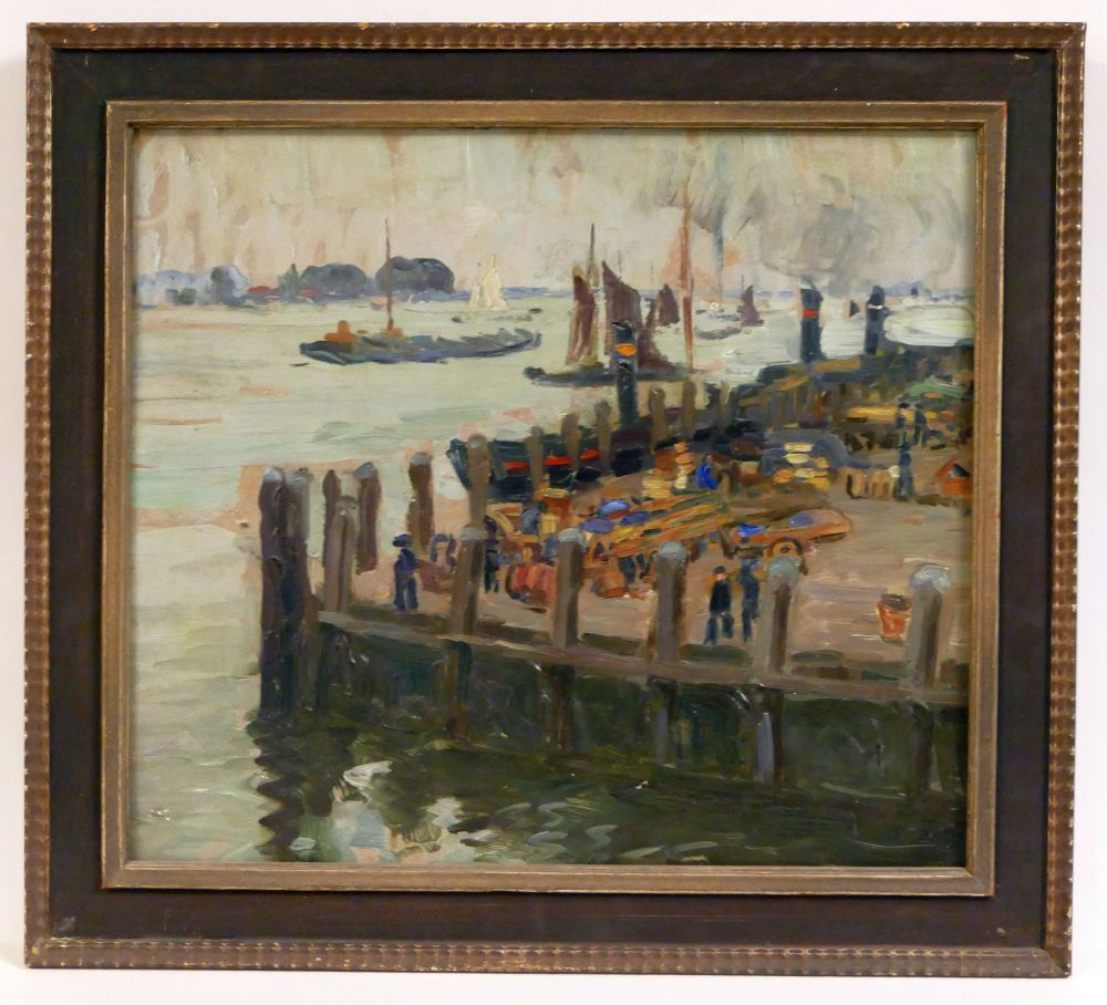 Paul Kayser, Zugeschrieben, Hamburger Hafen, Öl auf Malkarton, gerahmt, um 1910-image
