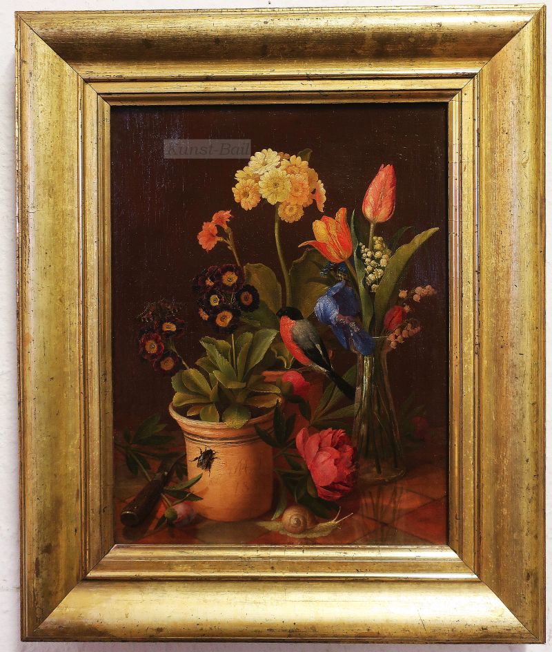 Martin Krug, Stillleben mit Gimpel, Blumen und Insekten, Öl auf Leinwand, monogrammiert und datiert 1833-image