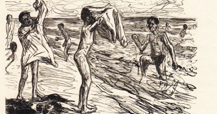 Max Liebermann, Badende Jungen beim Hemdanziehen, Originalholzschnitt, signiert