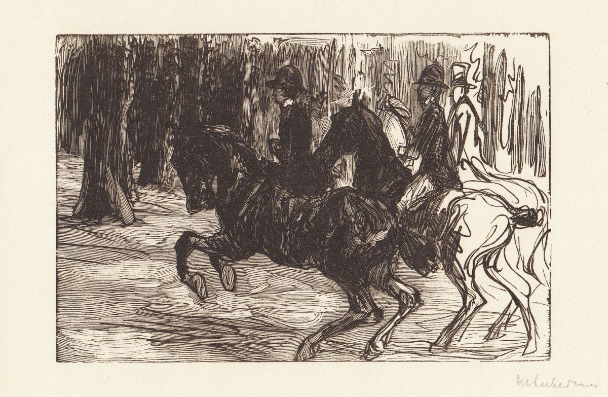 Max Liebermann, Reiter im Tiergarten, Originalholzschnitt, signiert, um 1912