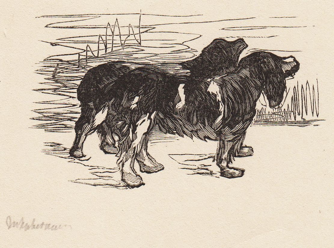 Max Liebermann, Zwei Hunde, Originalholzschnitt, signiert, 1913