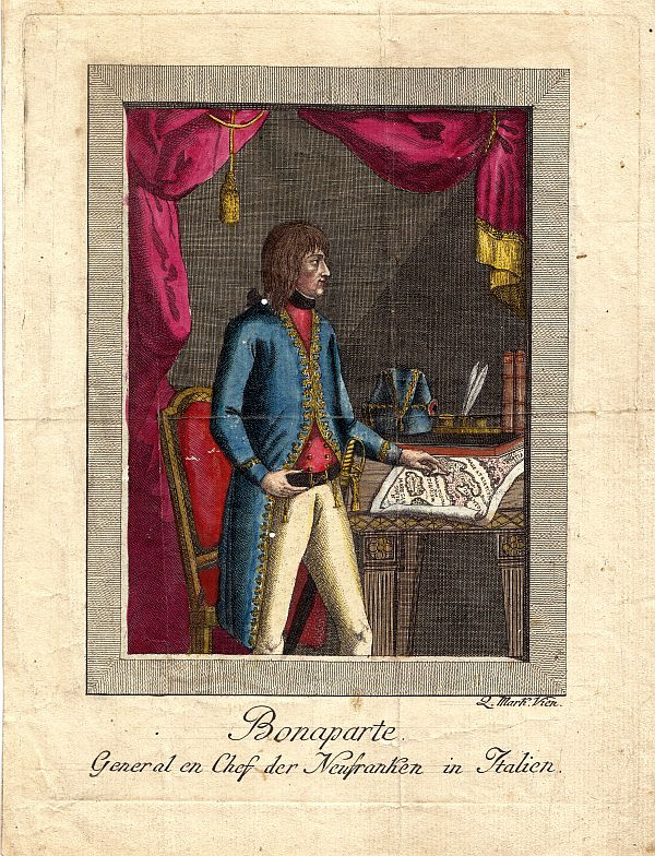 Napoleon Bonaparte, Kupferstich, altkoloriert, 1796-image