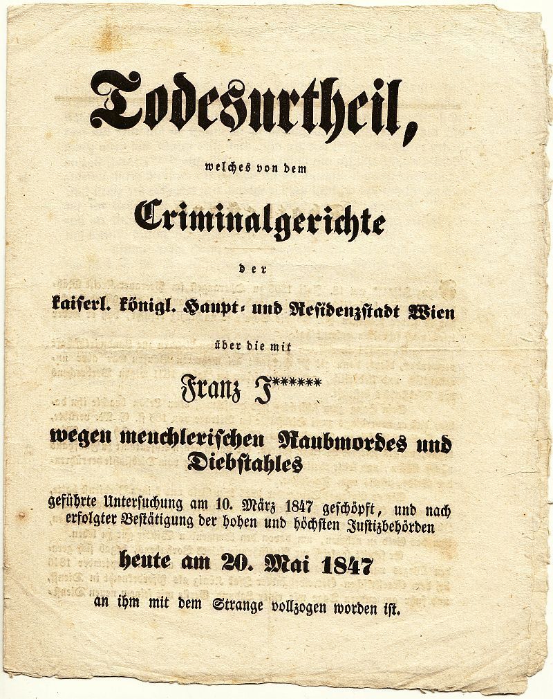 Todesurtheil...wegen meuchlerischen Raubmordes..., Einblattdruck, Wien 1847-image