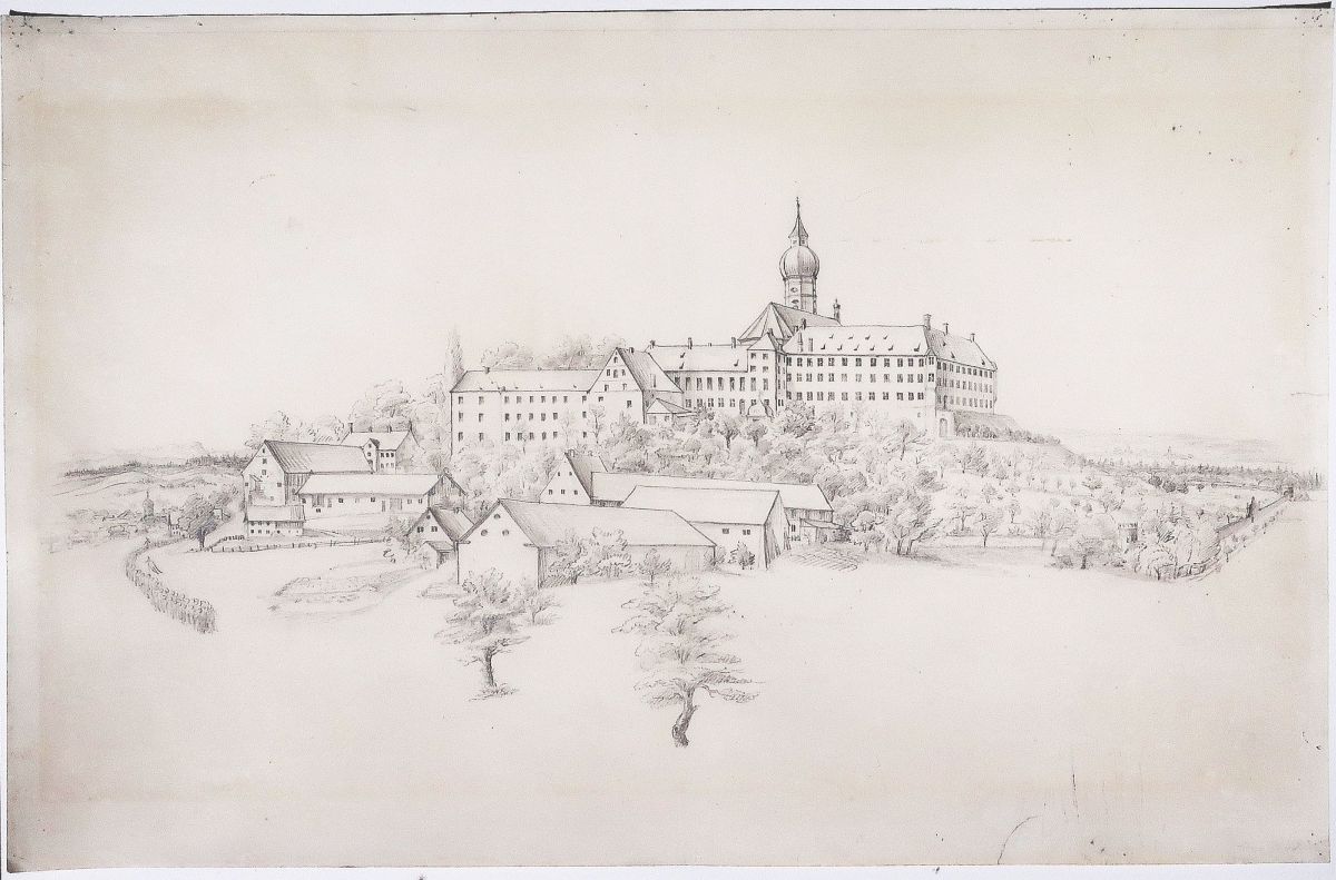 Kloster Andechs und Nebengebäude, großformatige Bleistiftzeichnung, um 1860/80-image