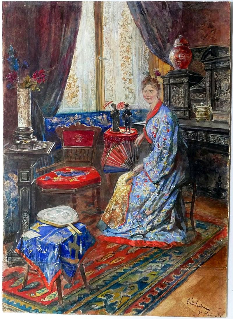 Georg Johann Christian von Urlaub, Frau im Kimono in japanischem Interieur, Aquarell, signiert, 1896-image