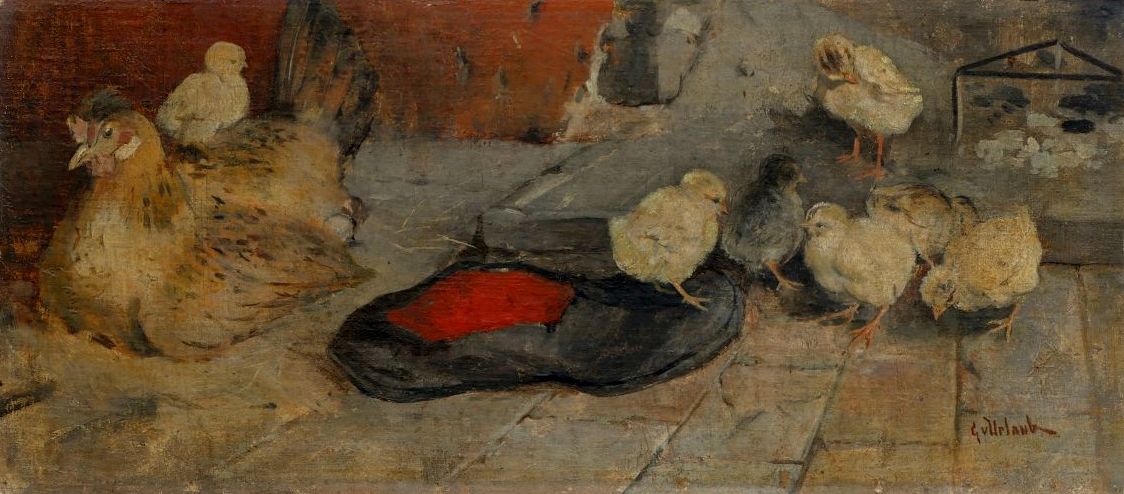 Georg Johann Christian von Urlaub, Henne mit sieben Küken, Öl auf Leinwand, aufgezogen auf Karton, signiert, um 1900-image