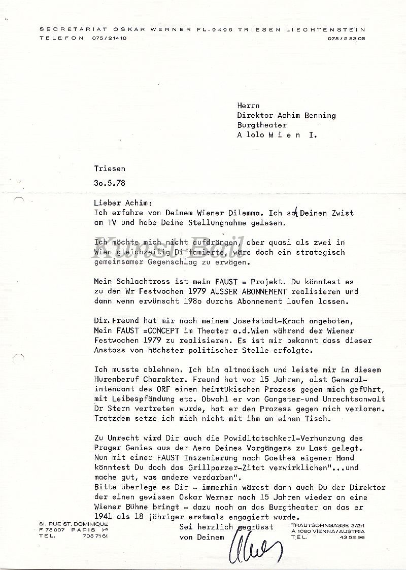 Oskar Werner, Brief an Achim Benning, 1978-image