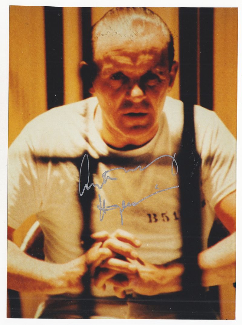 Anthony Hopkins, Original-Autogramm mit Silberstift auf Hannibal-Lecter-Foto-image