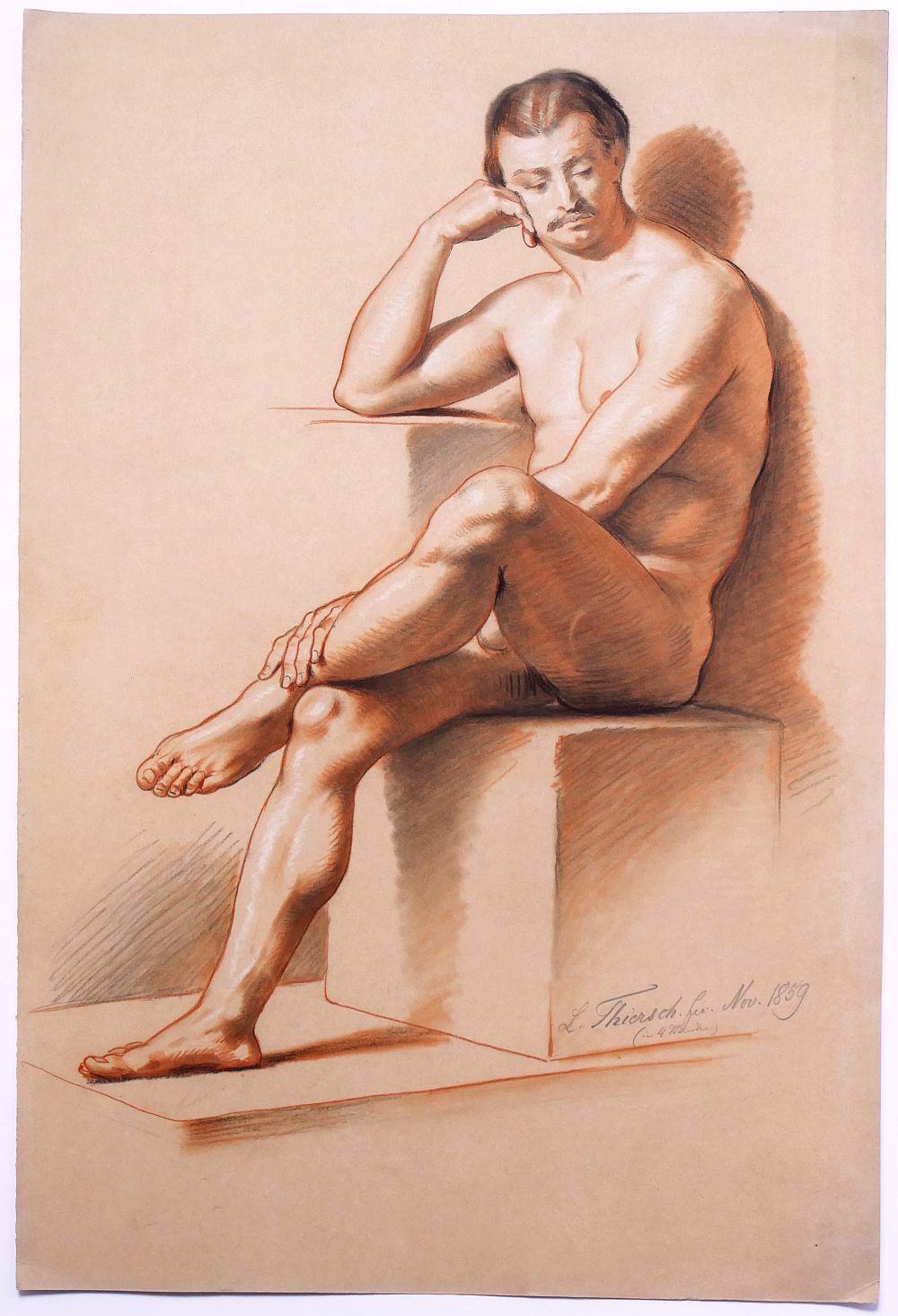 Ludwig Thiersch, sitzender männlicher Akt, Mischtechnik, signiert, 1859-image