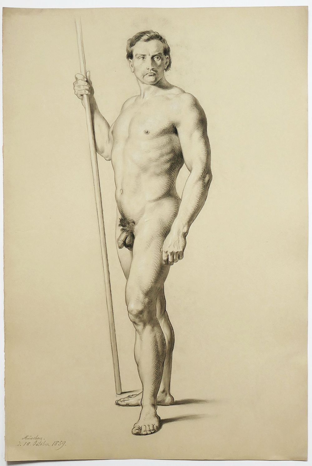 Ludwig Thiersch, stehender männlicher Akt mit Stab, 1859.-image