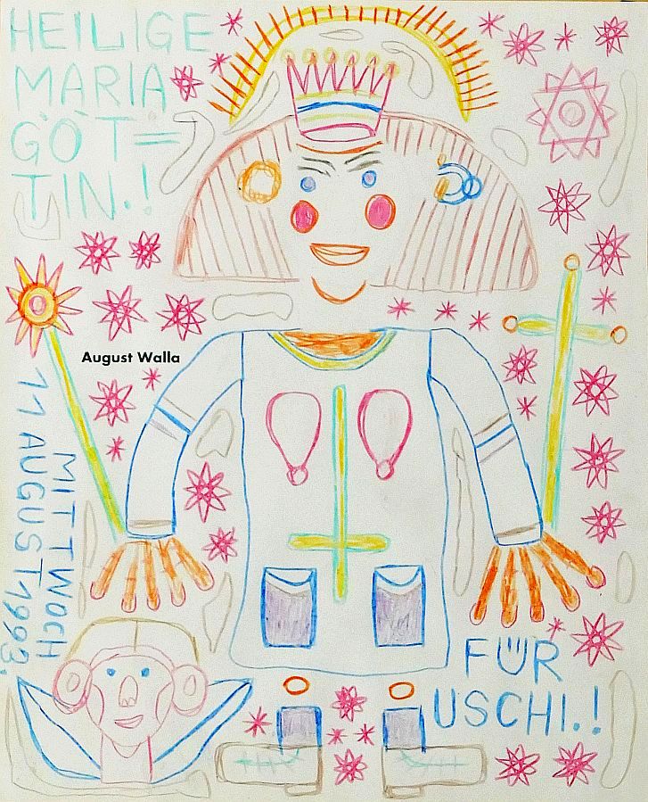 August Walla, Heilige Maria Göttin, Farb(Filz?)Stifte auf Papier, 1993, mit aufgedrucktem Namenszug des Künstlers-image