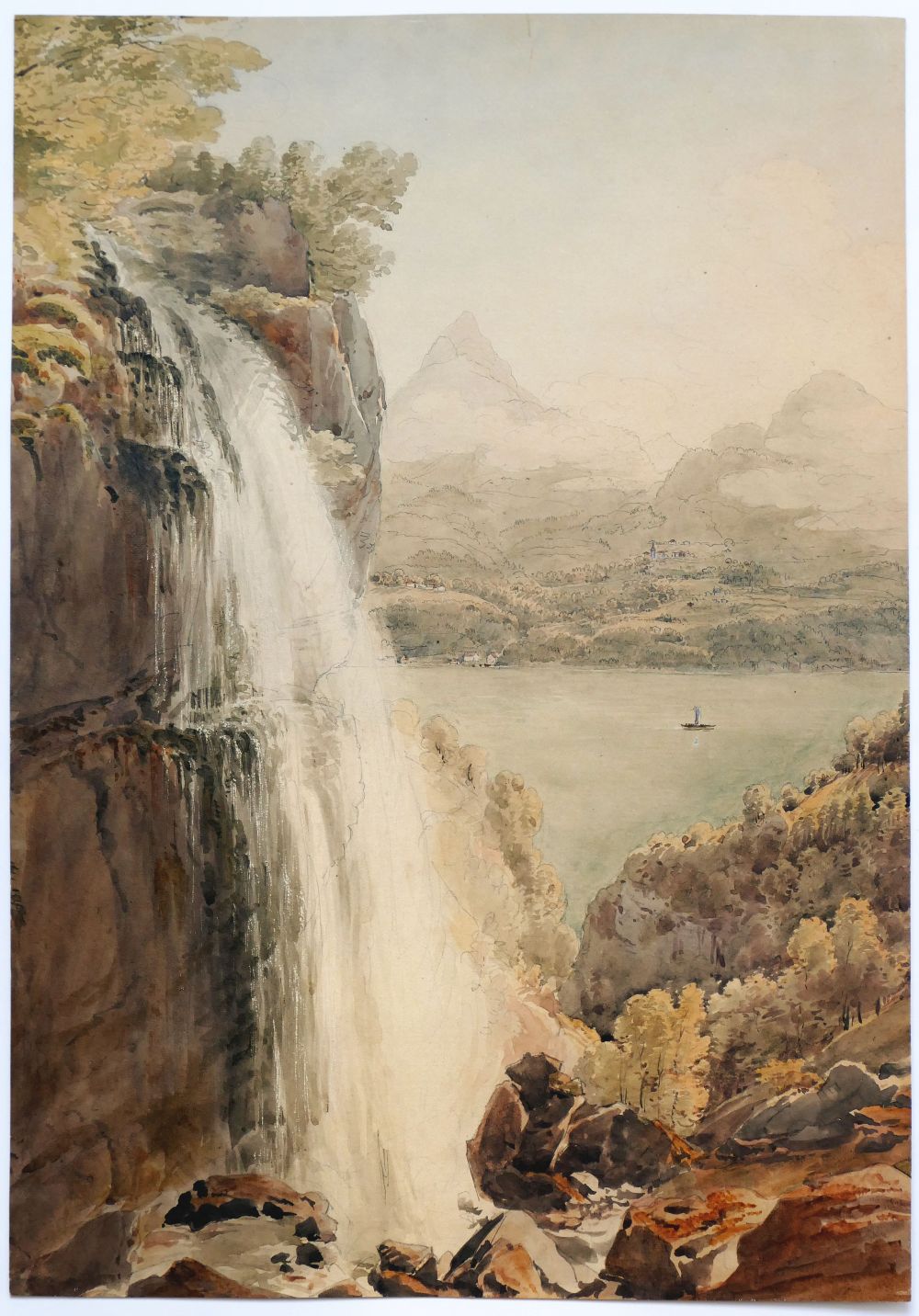 Unbekannter Künstler, Wasserfall, Aquarell, Ritztechnik auf Bütten, um 1820-image