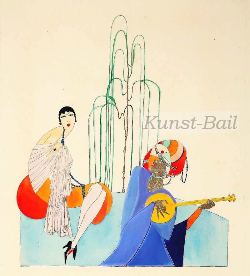 F. Bedi, Frau und orientalischer Lautenspieler, Guache auf Velin, um 1925-image