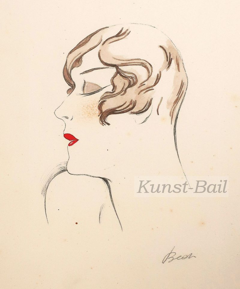 F. Bedi, Kopf einer jungen Frau nach links, Kohle, aquarelliert auf Velin, signiert, um 1925-image