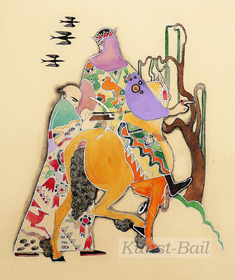 F. Bedi, König und Armbrustschütze, Guache und Silberstift auf schwerem Velin, um 1925-image