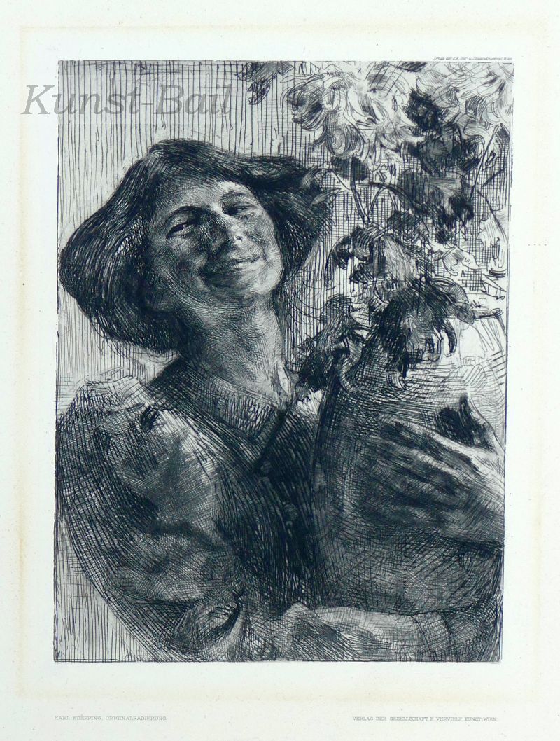 Karl Koepping, Mädchen mit Blumenvase, Radierung, Wien um 1900-image