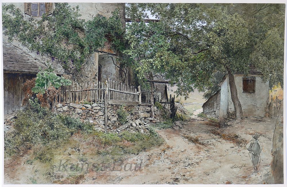 Eduard Peithner von Lichtenfels, Bauernhof, Aquarell über Feder, signiert.-image