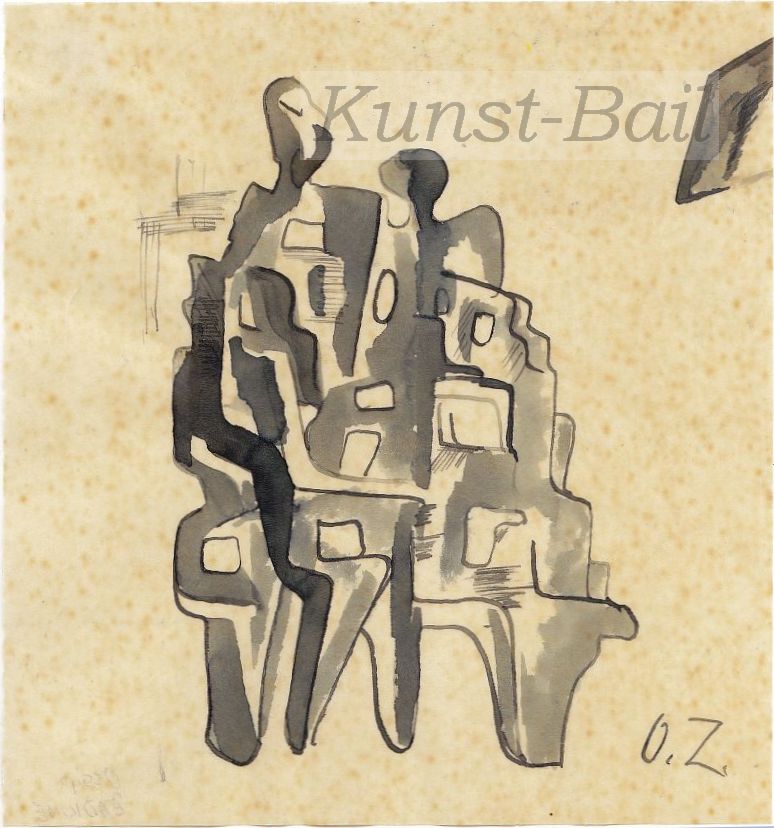 Ossip Zadkine, abstrakter Entwurf, Tuschpinsel auf Pergament, monogrammiert, um 1950-image