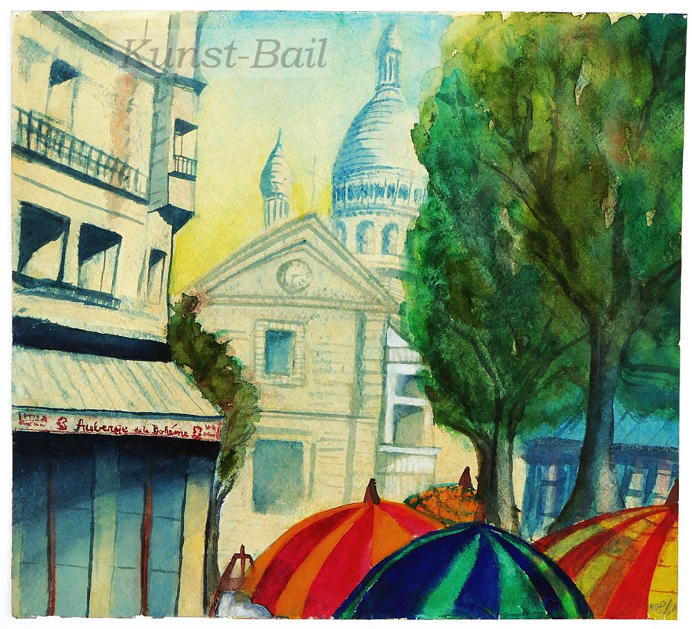 Paris – Montmartre, Place du tertre mit Sacre-Coeur, Aquarell, 1961-image