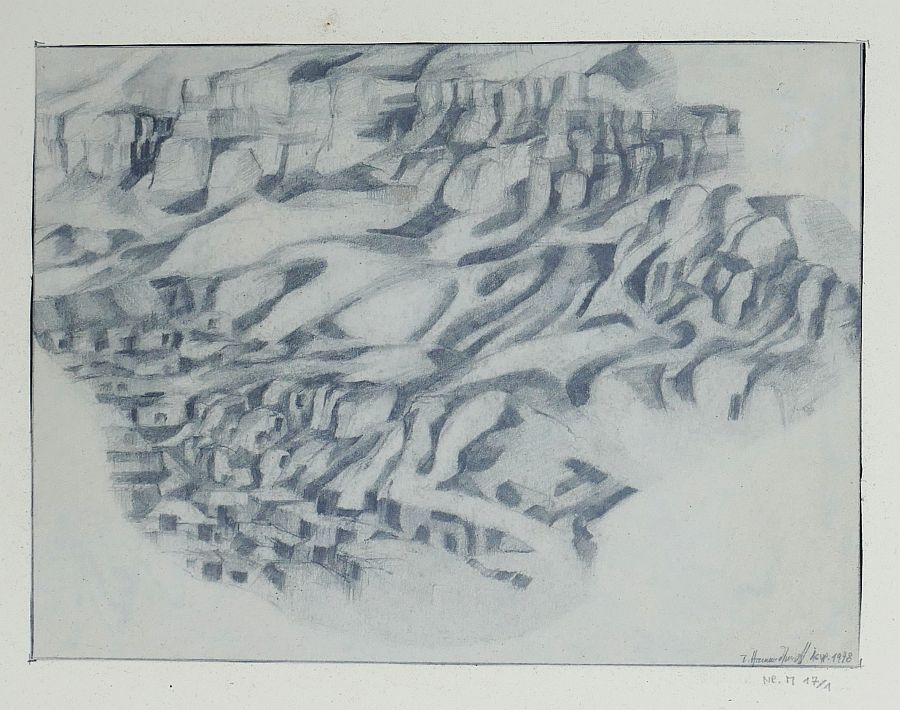 B. Hammerschmidt, Ägypten (Landschaft mit Felsendorf), Kohlezeichnung, signiert, 1978-image