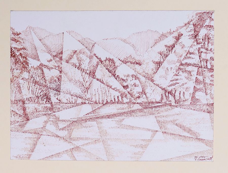 B. Hammerschmidt, ohne Titel (Landschaft mit Bergen), Federzeichnung in Rot, signiert, 1982.-image