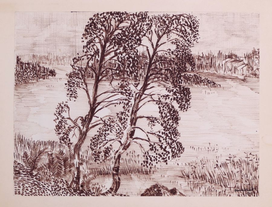 B. Hammerschmidt, ohne Titel (Landschaft mit See und Bäumen), Tusche, signiert, 1962.-image