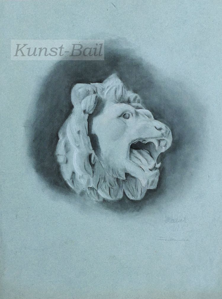 Hauck, Kopf einer Löwenskulptur, Kohle und Kreide, um 1880.-image