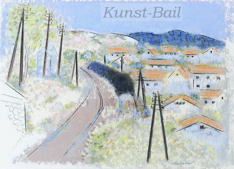 Fritz Mühsam (zugeschrieben), Landschaft mit Häusern und Bahnstrecke, Mischtechnik, signiert, um 1935-image