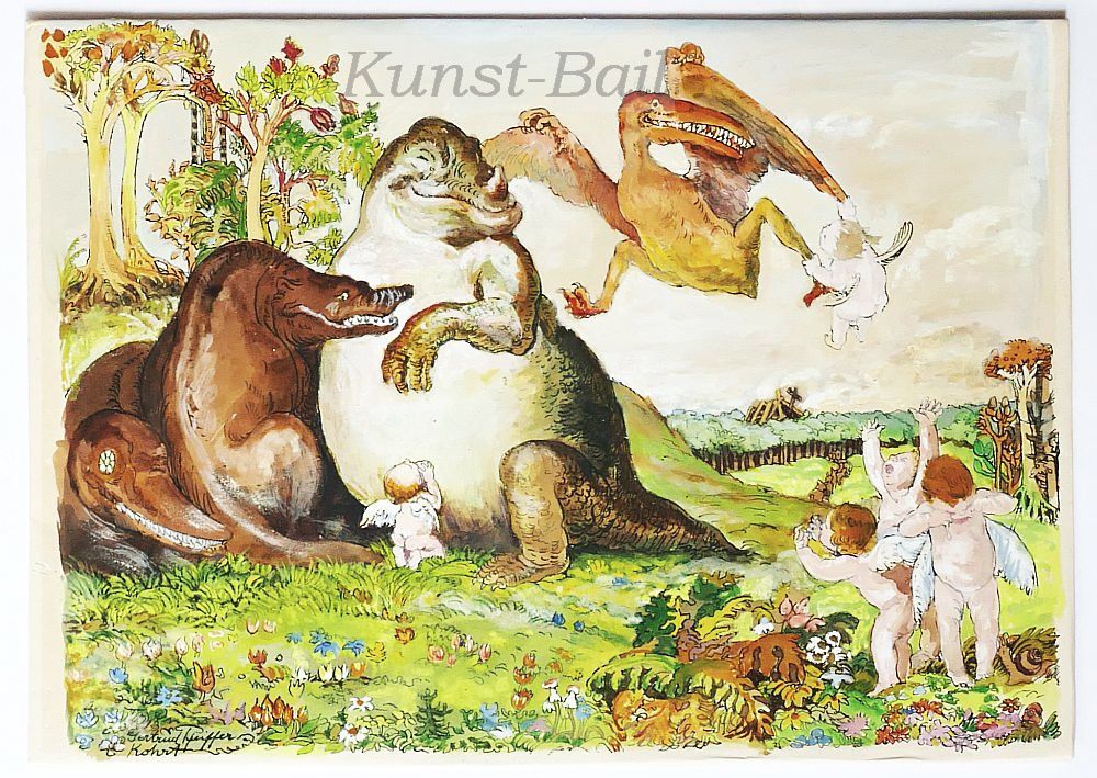 Gertrude Pfeiffer-Kohrt, Dinosaurier und Putti, Aquarell, signiert, um 1920-image