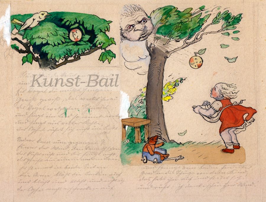 Gertrud Pfeiffer-Kohrt, Kinderbuchillustration mit Text, Tuschfeder, aquarelliert, nicht signiert, 1920er-image