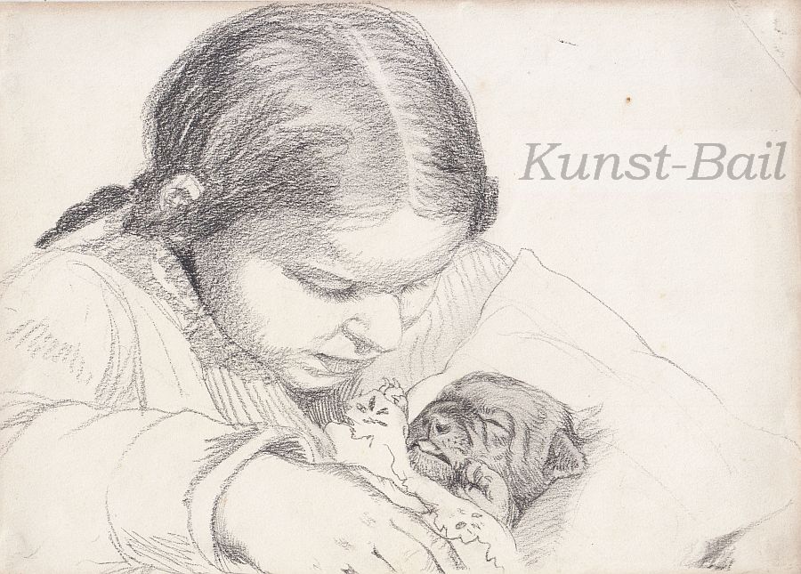 Gertrude Pfeiffer-Kohrt, Kind mit Hundewelpe, Kohle auf Velin, nicht signiert, um 1920.-image