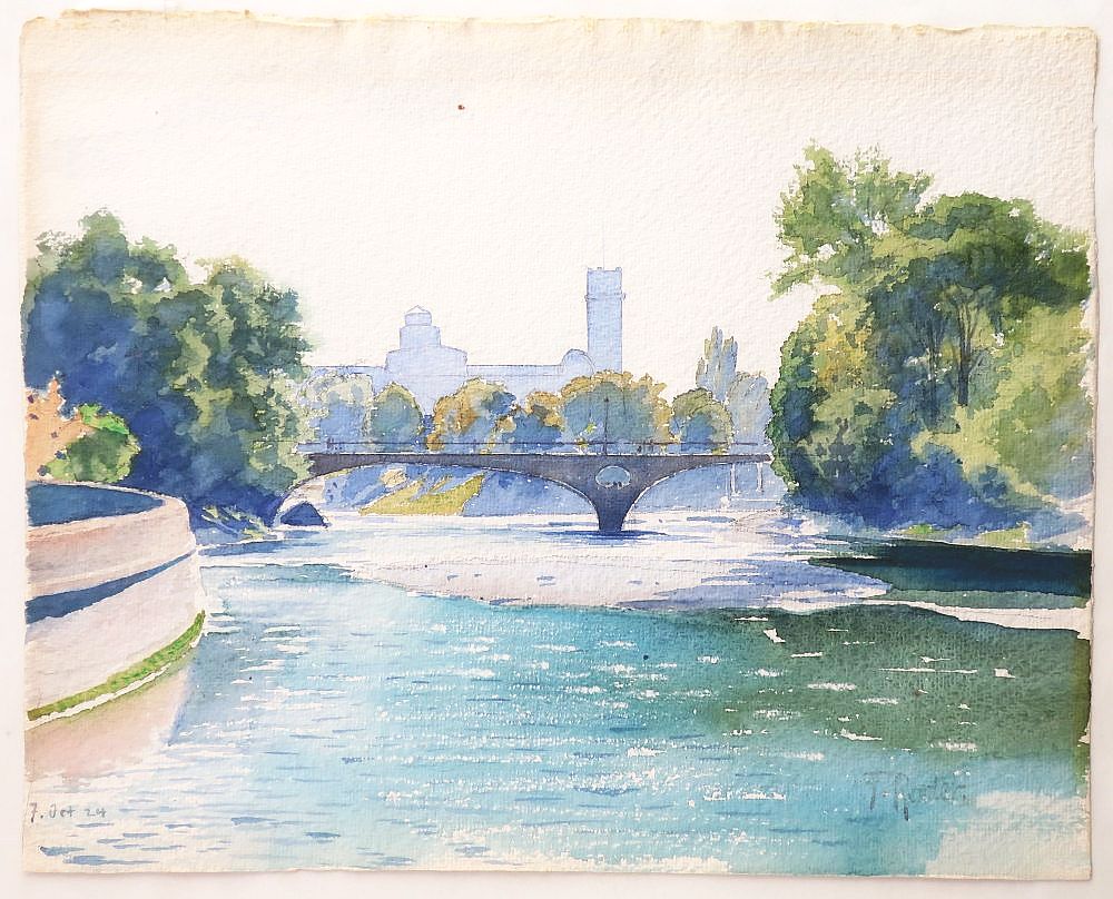 Friederich Remler, München - Isar mit Blick gegen das Deutsche Museum, Aquarell, signiert, 1924-image