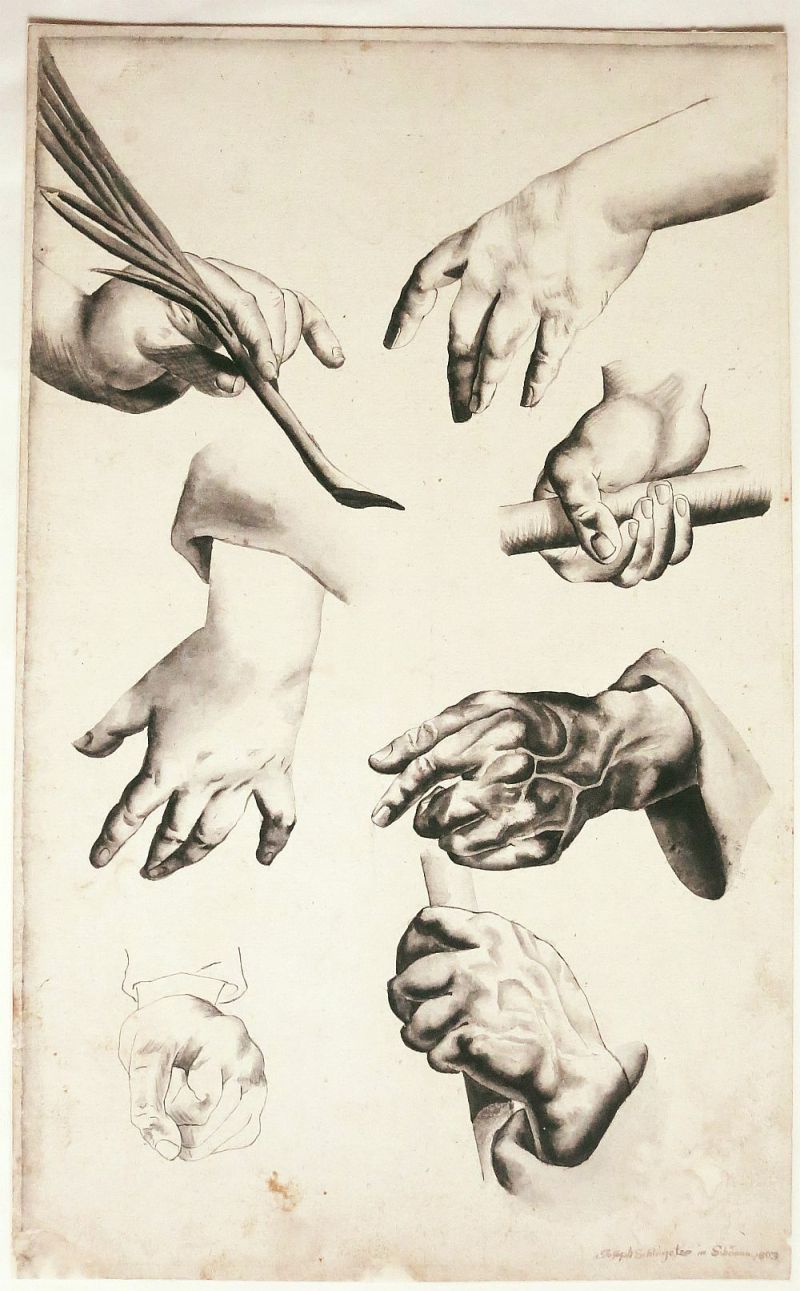 Josef Schlageter, Handstudien, Tusche, signiert, 1803-image