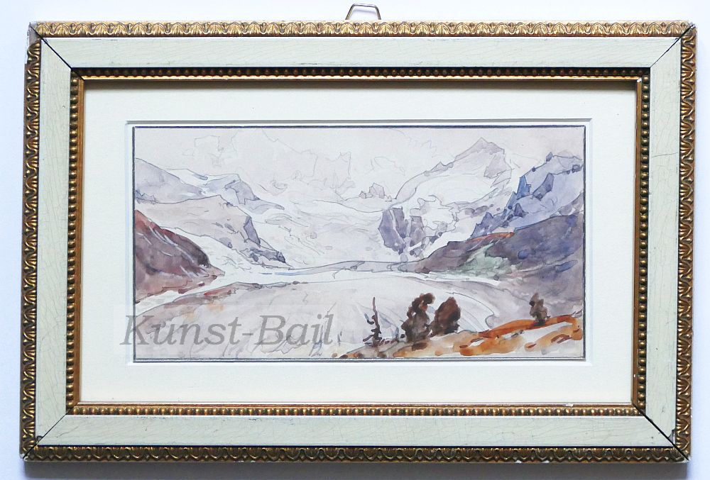 Edward Harrison Compton, Gletscher im Hochgebirge, Aquarell-Miniatur, nicht signiert, um 1900-image