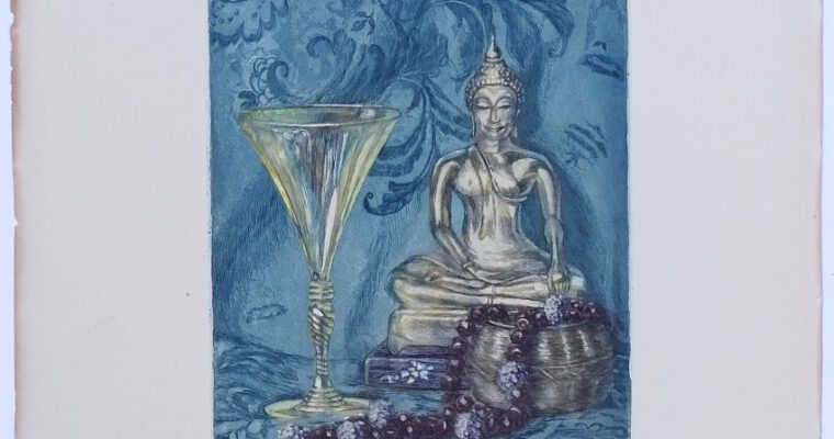 Magdala Ehrlich-Matern, Stillleben mit Buddhastatue und Glas, Farbradierung, signiert, 1920er