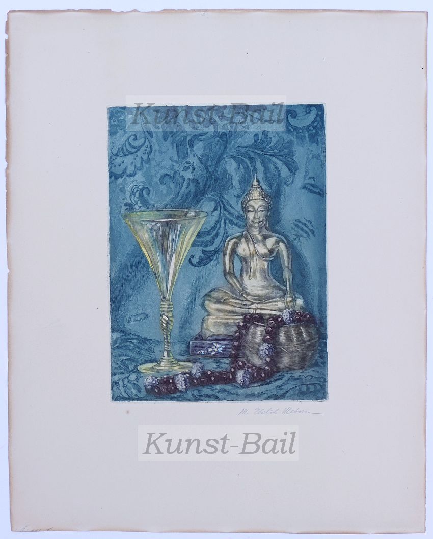 Magdala Ehrlich-Matern, Stillleben mit Buddhastatue und Glas, Farbradierung, signiert, 1920er-image